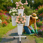 DYALE Flower Display Stand with Buckets - Flower Cart with Wheels for Bouquet Shop, Metal Flower Rack Display Stand for Wedding Garden, Party, Events (White, Square buckets)