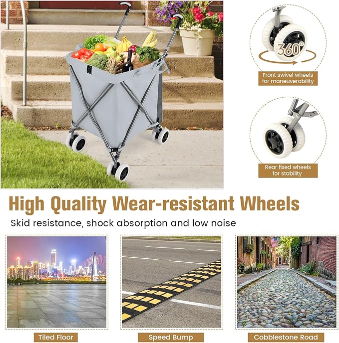 GOFLAME Folding Shopping Cart on Wheels, Waterproof Grocery Cart with Removable Cover and 360° Swiveling Wheels, Collapsible Utility Cart for Groceries and Laundry, 120LBS Load Capacity, Gray
