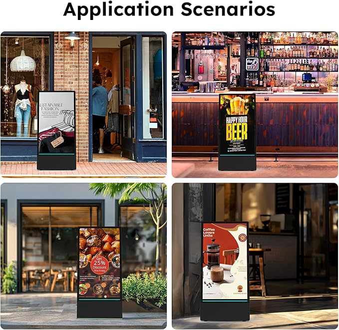 43 inch Rechargeable Portable Outdoor Digital Signage Displays, 2K FHD, IP65 Waterproof, Smart LCD Split Screen, Brightness Auto-Adjustment Movable Advertising Kiosk with Android OS