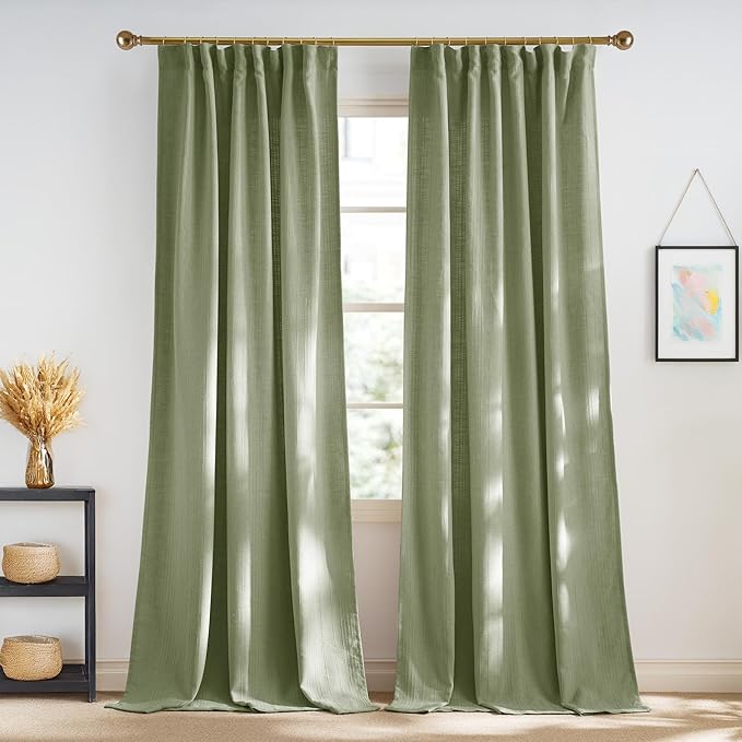 NICETOWN Linen Sage Green Curtains Waffle Weave for Bedroom, Privacy Jacquard Drapes Light Filtering Window Treatments for Living Room, Angora, W52 x L90, 2 Panels