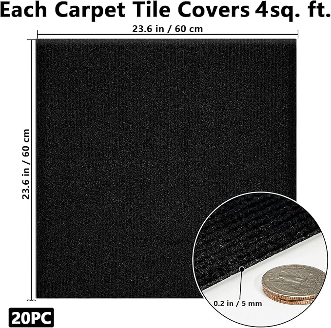 Carpet Tiles Peel and Stick, Self Adhesive Carpet Floor Tile 24" x 24", Black Soft Padded Flooring Sticker, Home Decor for Bedroom Living Room Office, 20 Tiles per Box
