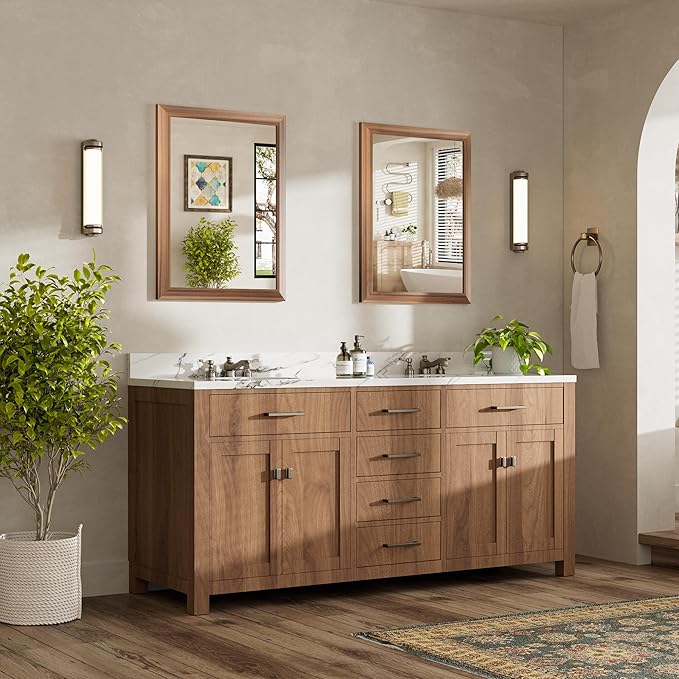 24x32 Inch Bathroom Mirror for Wall, Anti-Rust Walnut Wood Grain Metal Framed Bathroom Mirrors for Over Sink,Rectangler Mirrors for Bathroom Vanity, Farmhouse, Bedroom, Living Room, Entryway Decor