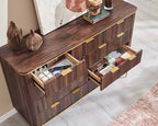 T4TREAM Fluted 9 Drawers Dresser, Modern Wooden Top Chest of Drawers with Curved Profile Design, Dresser TV Stand Drawer Organizers for Bedroom, Living Room, Hallway(Dark Walnut)