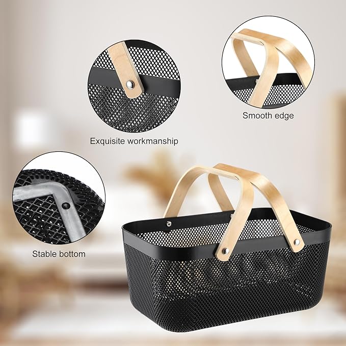Sadnyy 4 Pcs Plastic Mesh Garden Harvest Basket Storage Basket with Wooden Handle Multi Functional Mesh Bin for Kitchen Cabinet Picnic Fruit Vegetable Gathering Organizer(Large, Small,Black)