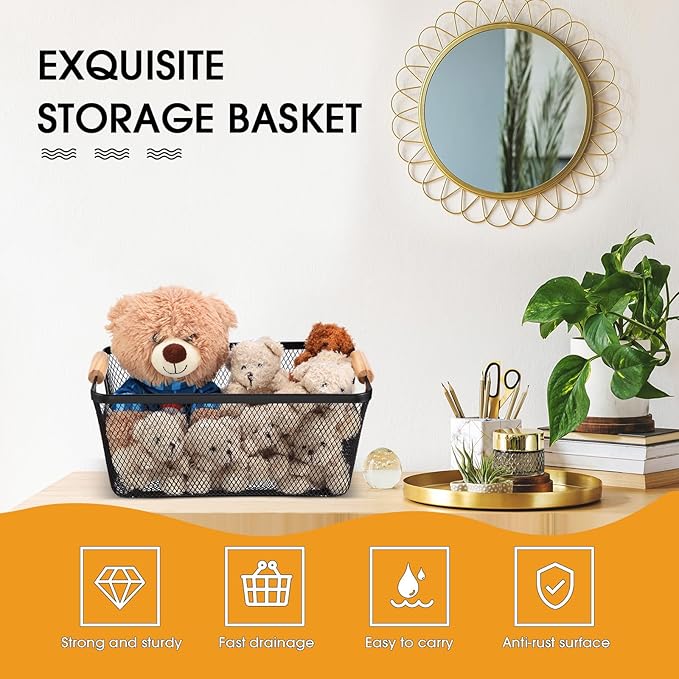 Maxcheck 6 Pack 3 Size Metal Wire Baskets with Wooden Handles Black Steel Mesh Storage Dog Toys Bins Organizer Containers for Home Pet Toys Storage Cabinets Pantry Closet Kitchen Makeup Rectangle
