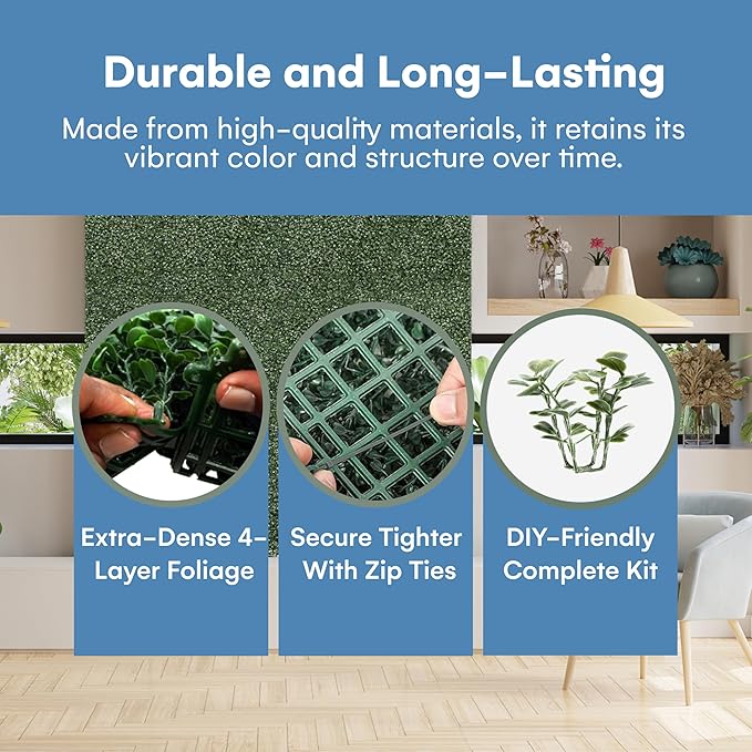 Grass Wall Panels 20″ × 20″ (24 Pack) – UV-Protected Artificial Boxwood Hedge Greenery Backdrop Covers 66 sq ft, Indoor/Outdoor Privacy Fence Screen, Zip Ties & Spare Leaves Included