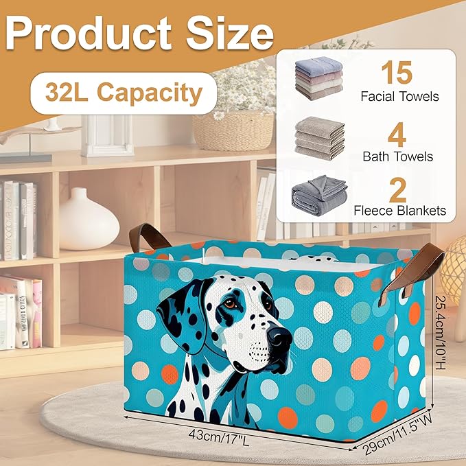 Storage Bin with Handles, Blue-Spotted Dog Cute Animal Collapsible Laundry Baskets for Books, Laundry - Use in Nursery, Closet Organizers and Storage, Blanket Basket