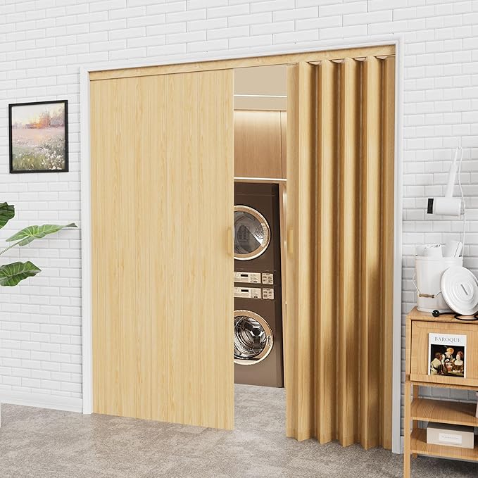 48-72 x 80in (Double 24-36) Enhanced Accordion Doors Interior Folding Door, Oak PVC Accordion Door with Upgraded Roller & Handle & Complete Hardware for Closet Bathroom Doorways, Energy Saving
