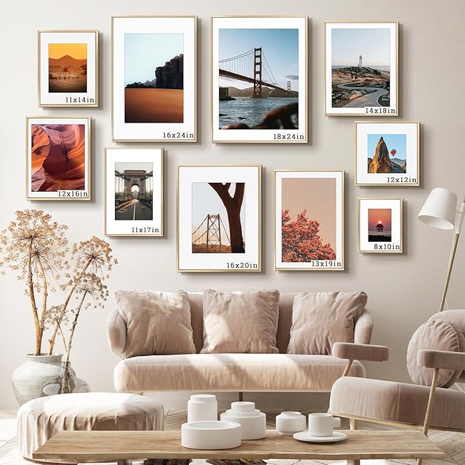 Frametory, 12x12 Metal Picture Frame with Mat for 8x8 Picture & Real Glass, Aluminum Photo Frame Collection (Gold, 1 Pack)
