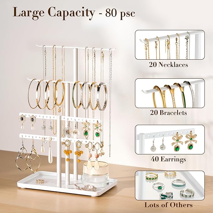 pickpiff White Jewelry Stand Holder Organizer: 12.5" Sturdy Hanger for 80 Pcs Jewelry, Jewlery Tower for Display Necklace, Earring, Bracelet, Watch