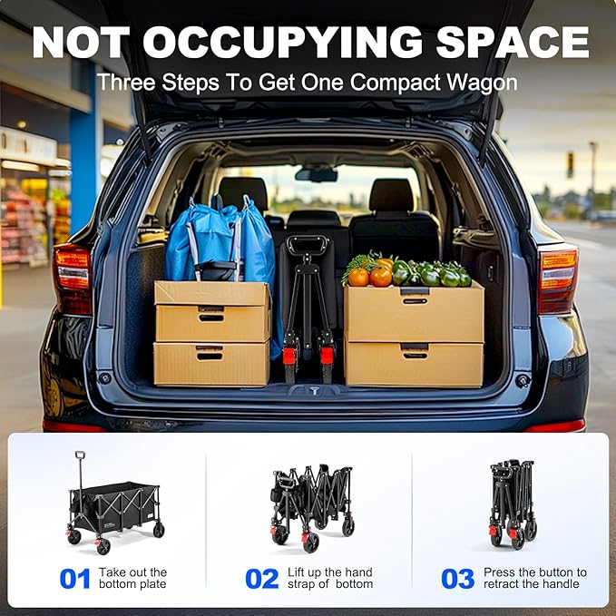 200L Collapsible Foldable Wagon, Large Heavy Duty Wagon Cart with 440lbs Weight Capacity, Folding Utility Wagon with Brake for Camping, Garden, Sports, Picnic, Shopping (Black)
