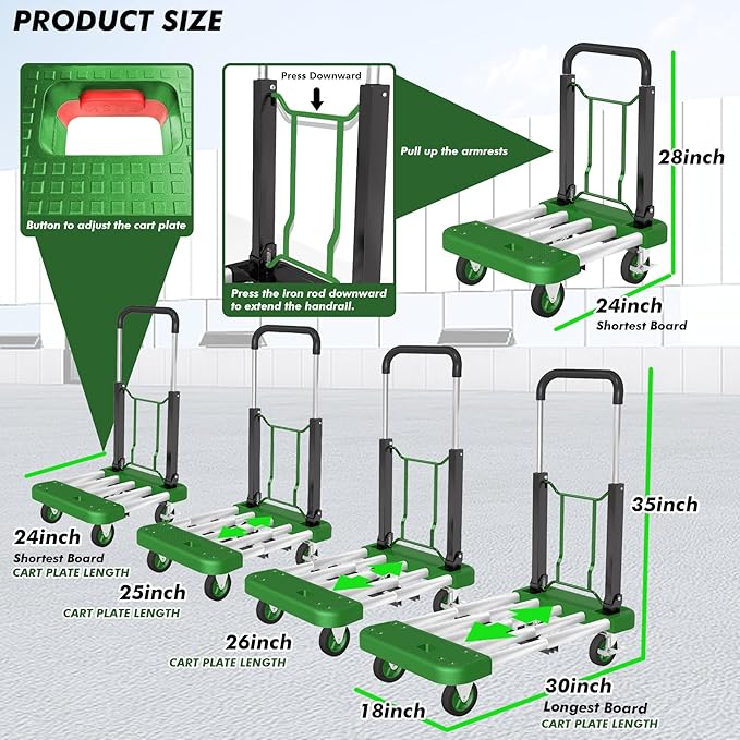WarmyouHaul Pro Folding Hand Truck, 441LBS Capacity, Adjustable Platform (24-30") & Handle (28-35") 4" Rubber Wheels with 360° Swivel & Parking Brake, for Moving, Commercial, Apartment , Warehouse Use