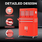 Bonusall 8 Drawer Rolling Tool Chest and Cabinet Combo,Heavy-Duty Metal Garage Tool Chest with Wheels and 2 Doors,2-in-1 Top Box and Roller Cabinet Combo for Garage, Workshop, Warehouse-Red
