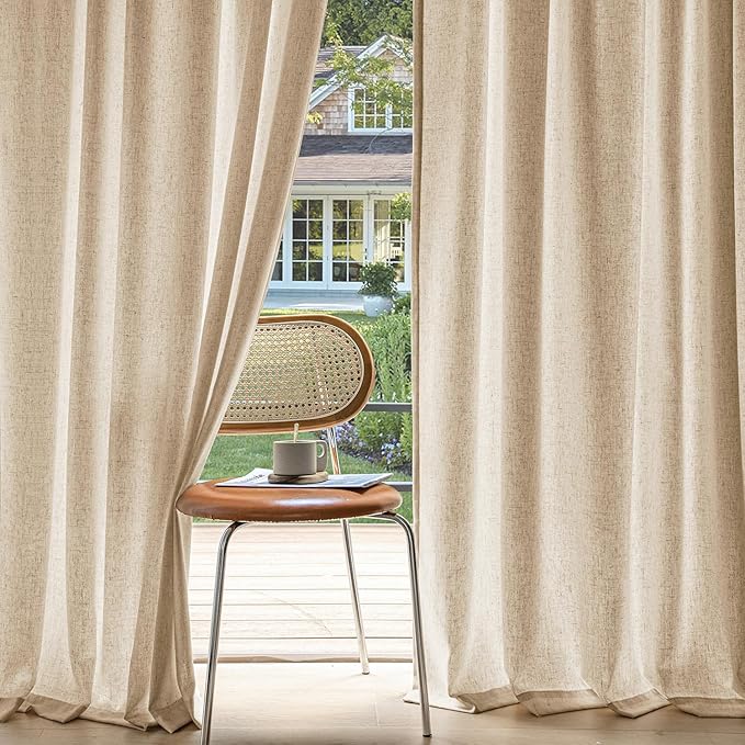 MIULEE Non-See-Through Privacy Linen Curtains 2 Panels, Light Filtering Window Curtains Farnhouse Textured Back Tab Semi Sheer Drapes for Bedroom Living Room, 52 x 96 Inches Long, Light Brown