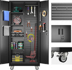 Broom Closet Storage Cabinet with Wheels and Pegboard,Metal Garage Storage Cabinet with Doors and Adjustable Shelves for Garage Home,Required Assembly,Black