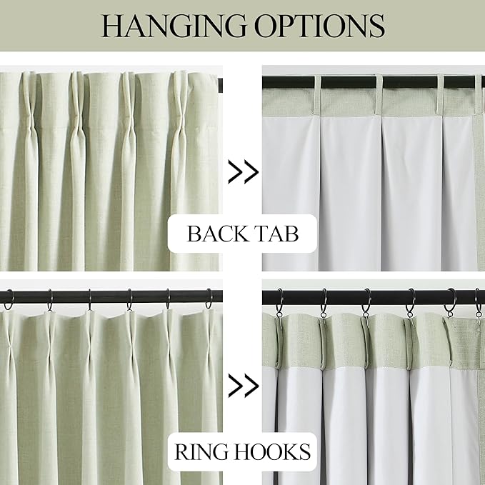 Vision Home Soft Green Pinch Pleated Full Blackout Curtains Linen Blended Room Darkening Curtain Panels 90 inch for Living Room Bedroom Thermal Insulated Pinch Pleat Drapes with Hooks 40" Wx90 Lx2