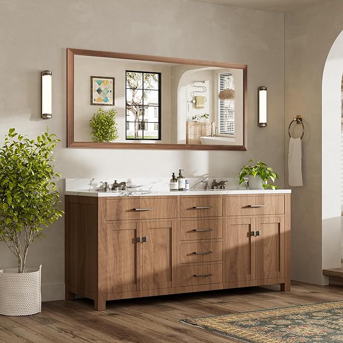 72x32 Inch Bathroom Mirror for Wall, Anti-Rust Walnut Wood Grain Metal Framed Bathroom Mirrors for Over Sink,Rectangler Mirrors for Bathroom Vanity, Farmhouse, Bedroom, Living Room, Entryway Decor