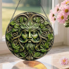 Green Man Stained Glass Suncatcher, Stained Glass Window Hanging, 8 Inch Window Decor Hanging, Gift for Garden Lovers, Fathers Day Birthday Gifts for Dad Grandpa Man Bother Husband Lover