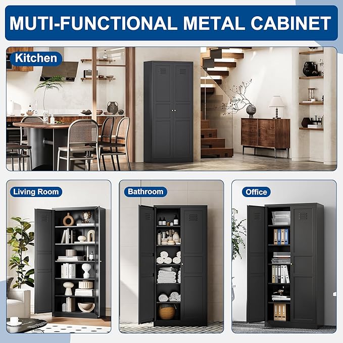 Metal Storage Cabinet-71” Tall Steel File Cabinets with Doors and 5 Adjustable Shelves-Black Steel Storage Cabinet for Home,Kitchen, School, Office, Garage