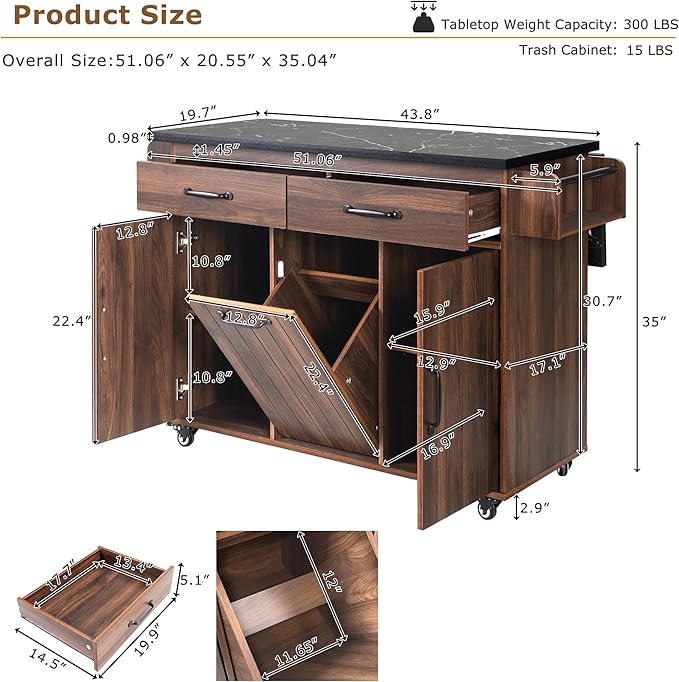 51" Moveable Kitchen Island with Trash Can Storage Cabinet, Kitchen Cart with Drop Leaf, Spice Rack, Towel Rack and Drawer, Rolling Kitchen Island on 5 Wheels with Adjustable Shelf