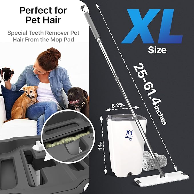 X3 Mop, Separates Dirty and Clean Water, 3-Chamber Design, Flat Mop and Bucket Set, Hands Free Home Floor Cleaning, 3 Reusable Microfiber Mop Pads Included (XL X3 Mop)