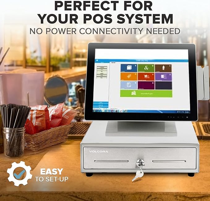 Volcora 13" Manual Push Open Cash Register Drawer for Point of Sale (POS) System - White with Stainless Steel Front Touch Panel - with 4 Bills and 5 Coin Slots, Key Lock with Removable Coin Tray