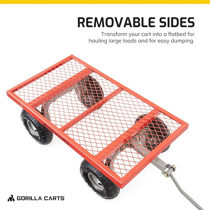 Gorilla Carts Steel Utility Cart, 4 Cu Ft Bed, 800 lb Load Capacity, Red – Heavy-Duty Outdoor Hauling Wagon with Removable Side Panels for Yard, Lawn, Garden or Landscaping