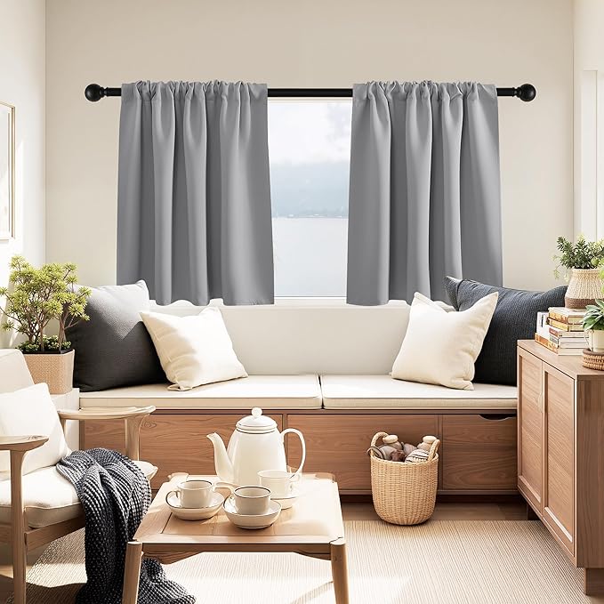 PONY DANCE Silver Grey Short Window Curtains for Kitchen 24 inch Long, 2 Panels Set Half Window Drapes for Bedroom Basement, Blackout Small Curtains for Travel Trailers, Width 29 x Length 24 inches