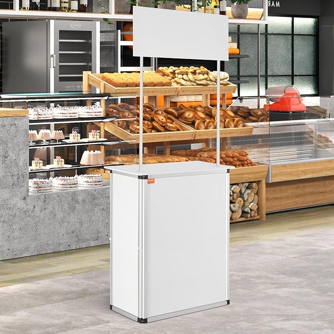 VEVOR Promotion Counter Table, Portable Tradeshow Podium Table, 30.91" x 14.96" x 71.46", Display Exhibition Counter Stand Booth Fair with Wall, Pop Up Podium with Storage Rack/Carrying Bag
