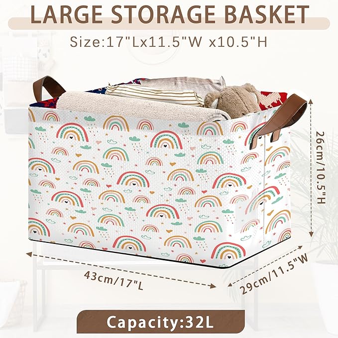 Rainbow Colors Storage Basket Large 17x11.5x10.5 Inche-Collapsible Fabric Organizer Bin with Handles for Kids Room, Nursery, Playroom-Foldable Decorative Hamper with Multicolor Arc Design-Single Pack