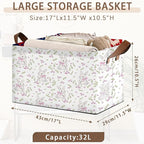 Spring Bunny & Floral Storage Basket Large 17x11.5x10.5 Inche-Collapsible Fabric Organizer Bin with Handles for Easter Decor, Garden Theme -Decorative Hamper with Rabbit and Flower Design-Single Pack