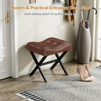 18-Inch Large Leather Vanity Stool, Vanity Chair with Metal X-Leg, Ottoman Accent Stool with Thick Padded Saddle Seat, Dark Brown