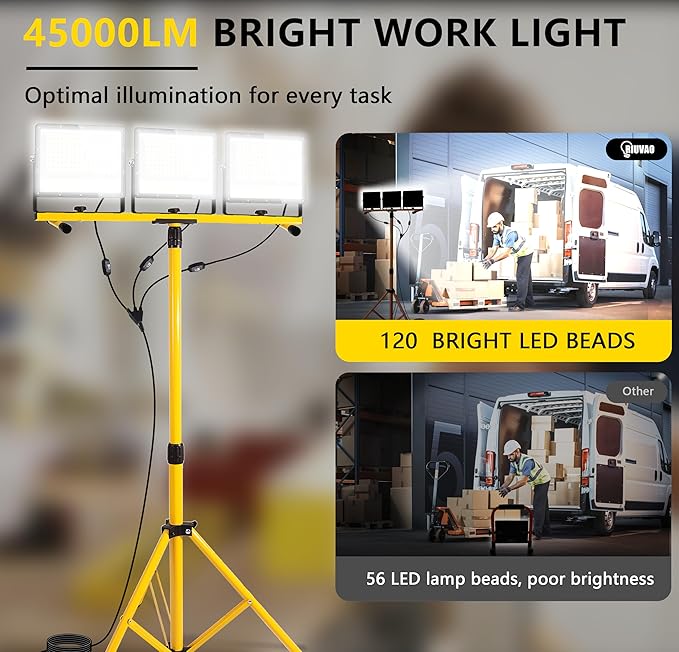 45000 Lumen LED Work Lights with Stand - 3 Head Portable Work Light with Tripod - IP65 Waterproof Tripod Work Lights for Outdoor Indoor Job Site Workshop Garage Construction Site Lighting