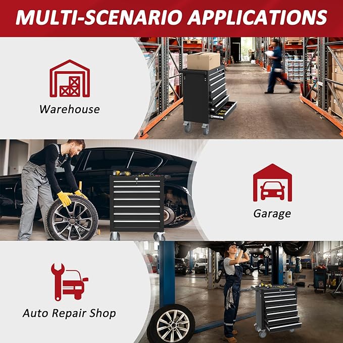 7 Drawers Rolling Tool Chest with Wheels, Rolling Tool Chest with Drawers, Portable Rolling Tool Boxes with Wheels, Tool Box Storage Cabinet with Locking System for Garage (Black, 7 Drawers)