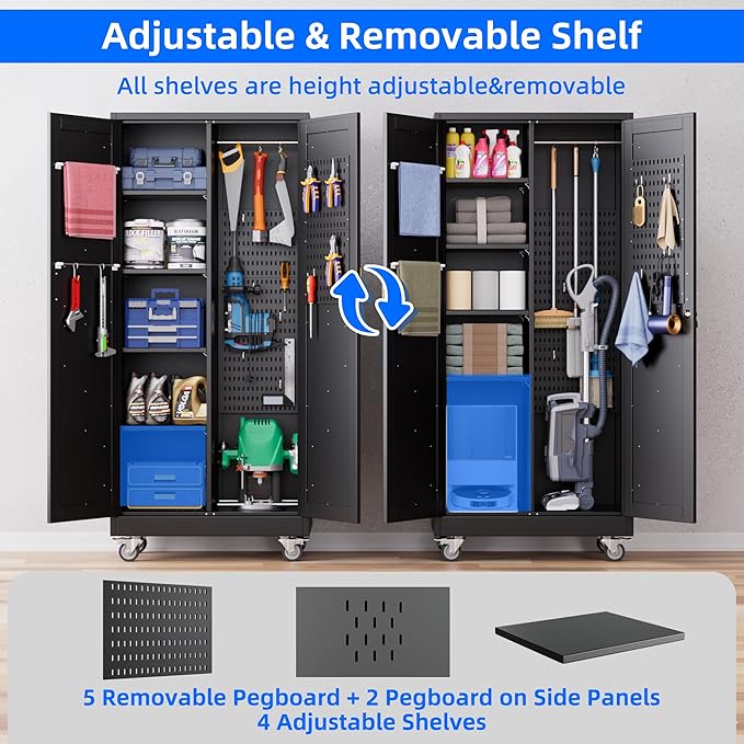 Aobabo Farmhouse Broom Closet Storage Cabinet,Lockable Garage Storage Cabinet with 4 Adjuatable Shelves,Required Assembly,Black,71.06''H*31.5''W*15.75''D