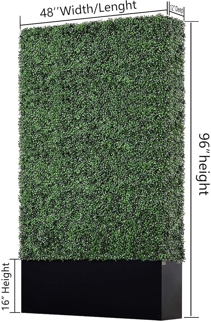 Artificial Boxwood Hedge Wall with Black Stainless Steel Base, Outdoor and Indoor Backdrop Divider Privacy Screen and Decorative Wall for Patio, Balcony, Restaurant, Various Events 48" W*12" D*96" H