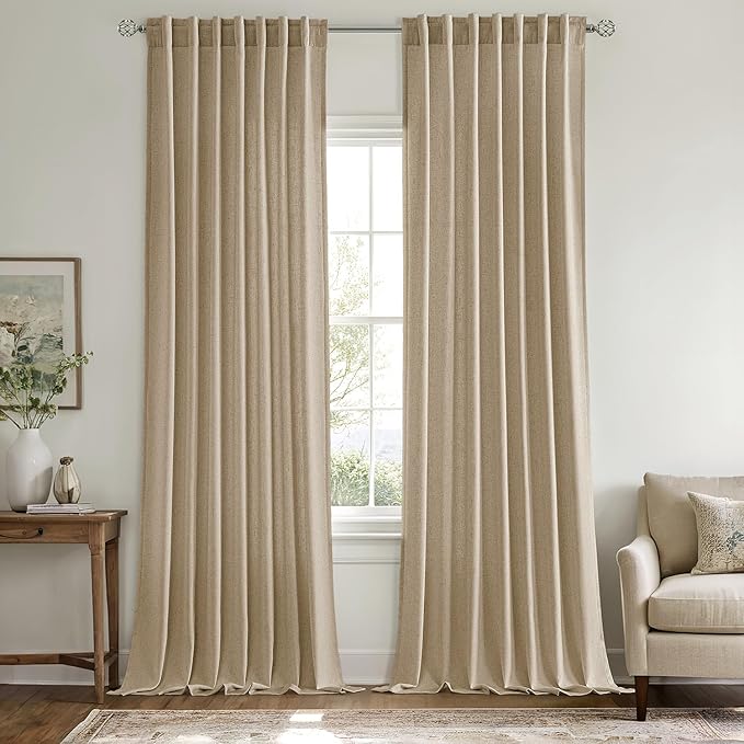 MIULEE Non-See-Through Privacy Linen Curtains 2 Panels, Light Filtering Window Curtains Farn House Textured Back Tab Semi Sheer Drapes for Bedroom Living Room, 52 x 90 Inches Long, Copper Brown