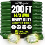 200ft Outdoor/Indoor Extension Cord 14/3 Gauge Heavy Duty 3 Prong SJTW, Waterproof, Flexible Cold-Resistant Long Power Cord,7A 125V 875W, Green by LifeSupplyUSA