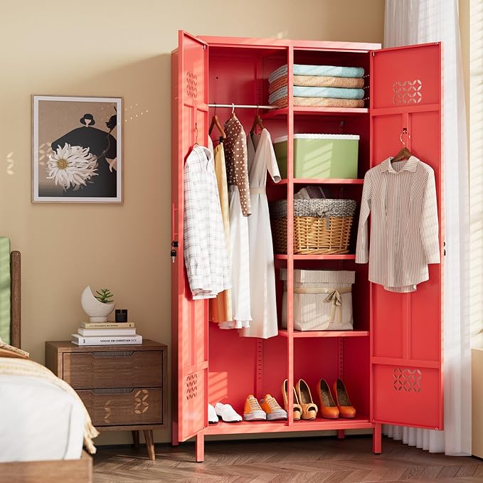 Aobabo Metal Wardrobe Cabinets with Lock, 2 Door Metal Closet wtih 4 Adjustable Shelves and 2 Hannging Rod, Lockable Locker Cabinet, Storage Locker for Home, Office,Red, Assembly Required