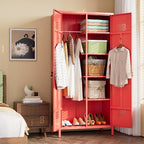Aobabo Metal Wardrobe Cabinets with Lock, 2 Door Metal Closet wtih 4 Adjustable Shelves and 2 Hannging Rod, Lockable Locker Cabinet, Storage Locker for Home, Office,Red, Assembly Required