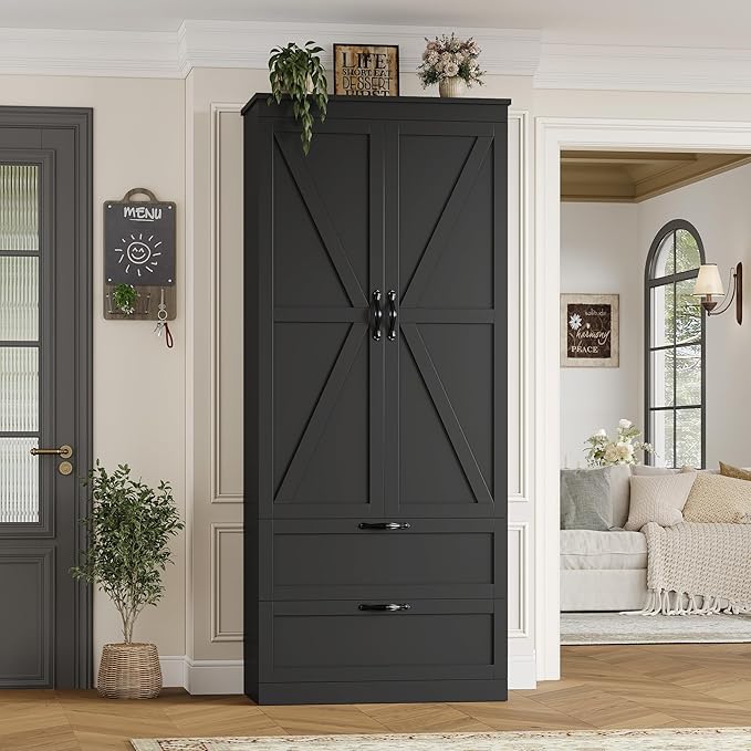 HOSTACK 70" Tall Kitchen Pantry Storage, Barn Doors Pantry Cabinet with Drawers and Adjustable Shelf, Modern Farmhouse Storage Cabinet for Kitchen, Dining Room, Living Room, Bathroom, Black