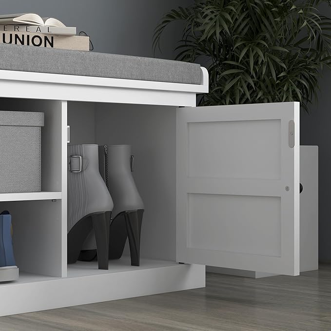 HOMCOM Shoe Bench with Cushion, Storage Bench for Entryway with Padded Seat, 2 Cabinets and Adjustable Shelf for Hallway, Living Room, Bedroom, White