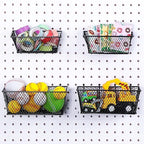 Sieral 4 Pcs Black Pegboard Baskets Metal Wire Shelf Baskets Peg Board Organizer Accessories Wall Mount Organizer Attachments for Garage Workbench Various Tool Accessories, 2 Sizes (Small, Medium)