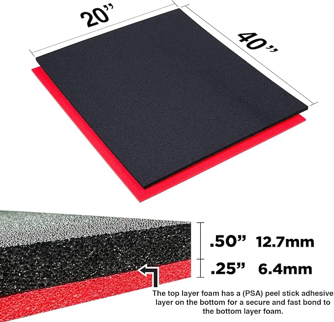 5S TOOL BOX SHADOW FOAM ORGANIZERS (2 COLOR) CUSTOM SIZE (20" x 40" Black Top/Red Bottom)