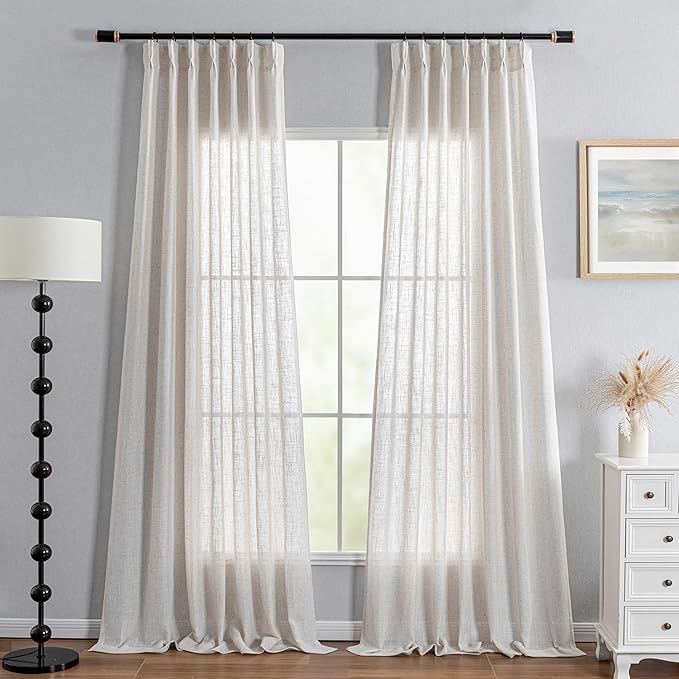 MYSKY HOME Linen Curtains 108 Inch Long Country Curtains for Sliding Glass Door, Semi Sheer Curtain Panels Extra Long Floor Length Drapes Linen Texture Soft Touch Pinch Pleated, 40" Wide, Linen 2 PCS