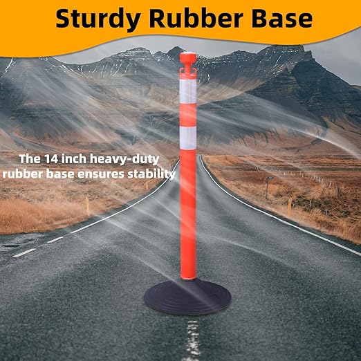 6 Pack 39 Inch Red Traffic Delineator Posts with 2 White Reflective Collars, Safety Posts Cones with 6.6 Feet Chains and 14 Inch Rubber Base for Road Safety,Parking Lot (Red)