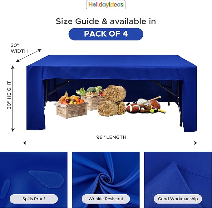 Open Back Fitted Tableclothss for 8 Foot Rectangle Table, 3-Sided Solid Table Covers 96x30 Inch for Craft Fairs, Banquets, Trade Show Display, Royal Blue,4 Pcs