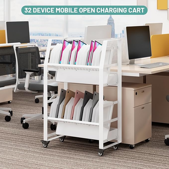 32-Device Mobile Charging Storage Cart with Lockable Wheels, 2 Power Strips, Charging Station with Removable Dividers & Cable Management for Laptops, Tablets, iPads, Chromebook for Classroom