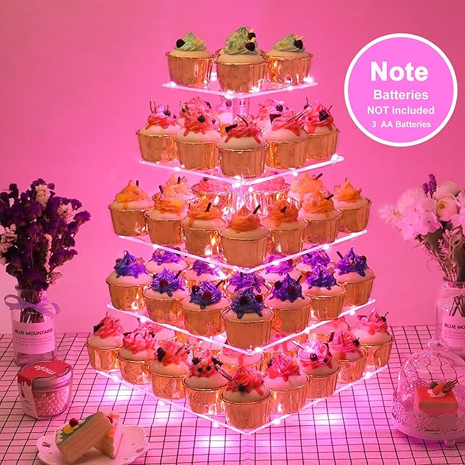 YestBuy Cupcake Stand with Pink Lights – 5 Tier Premium Cupcake Holder – Acrylic Cupcake Tower Display Stand – Cady Bar Party Décor –Acrylic Display for Pastry + LED Light String – Ideal for Weddings, Birthday (Pink)