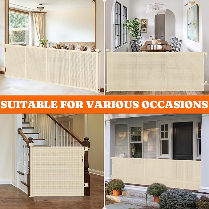 Upgrade 120" Retractable Baby Gates Extra Wide with Reinforced Strip, 10 FT Retractable Dog Gate, 41" Tall Retractable Gate Indoor Outdoor for Pet and Baby-Beige